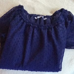 Short Sleeve Sheer Overlay Clip Dot Top Navy Purple
